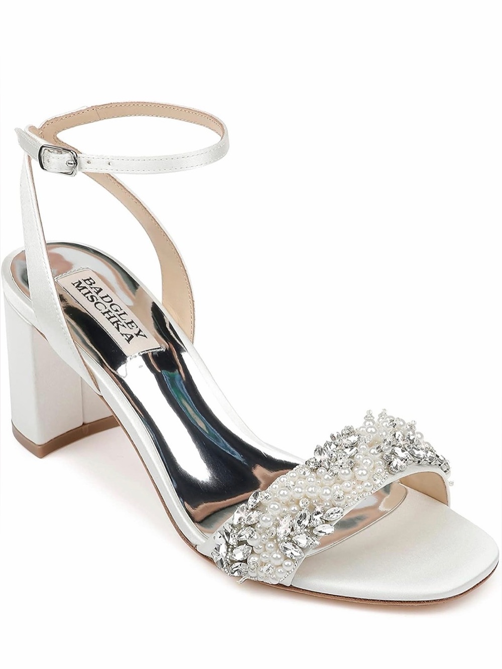 White Embellished Ankle-Strap Block Heel Sandals